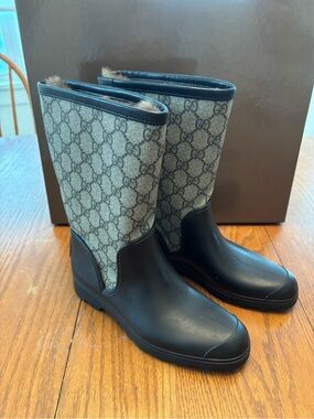 Gucci Black Rubber & Beige GG Canvas Mid-Calf Rain Boots